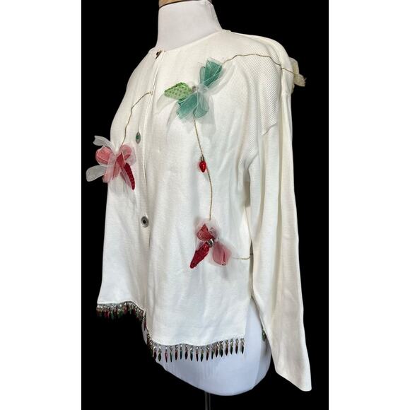 Vintage Shane Lee Christmas Tree Lights Fringe Hem Cardigan Sweater Womens XXL - Picture 3 of 11